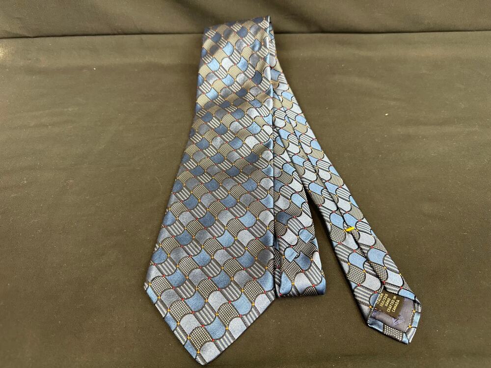 Dion Signature 100% Silk Tie Geometric Squares Pattern in Blue Black and Orange